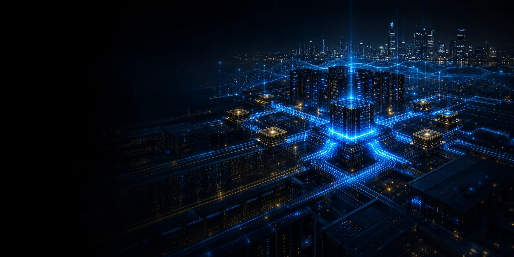 AlphaComm AO platform visual spanning a compute campus and city skyline